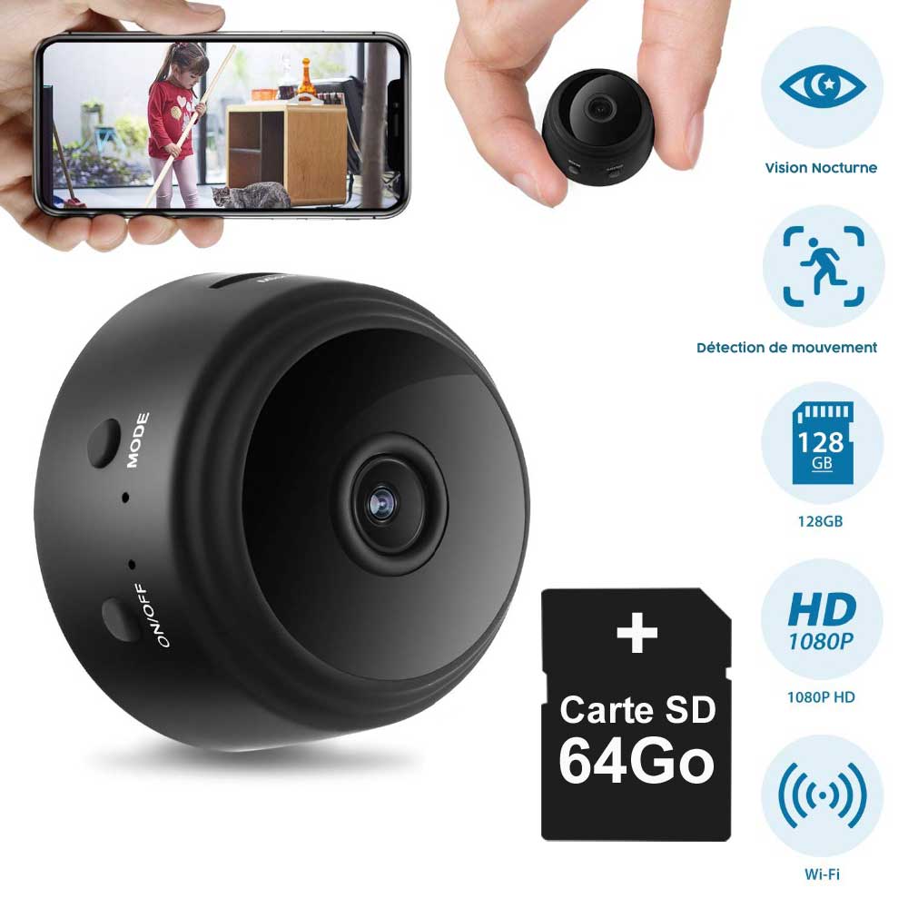 Mini Caméra Espion WiFi 1080P Ultra Grand Angle - Caméra Portable Intérieur Extérieur